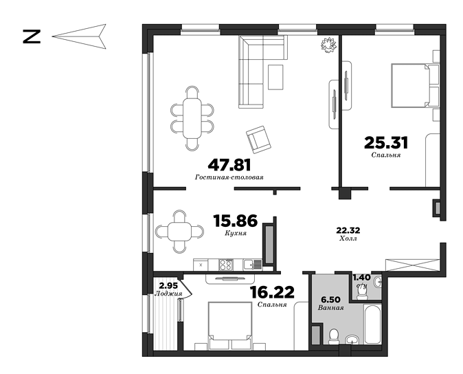 NEVA HAUS, Корпус 1, 3 спальни, 136.9 м² | планировка элитных квартир Санкт-Петербурга | М16